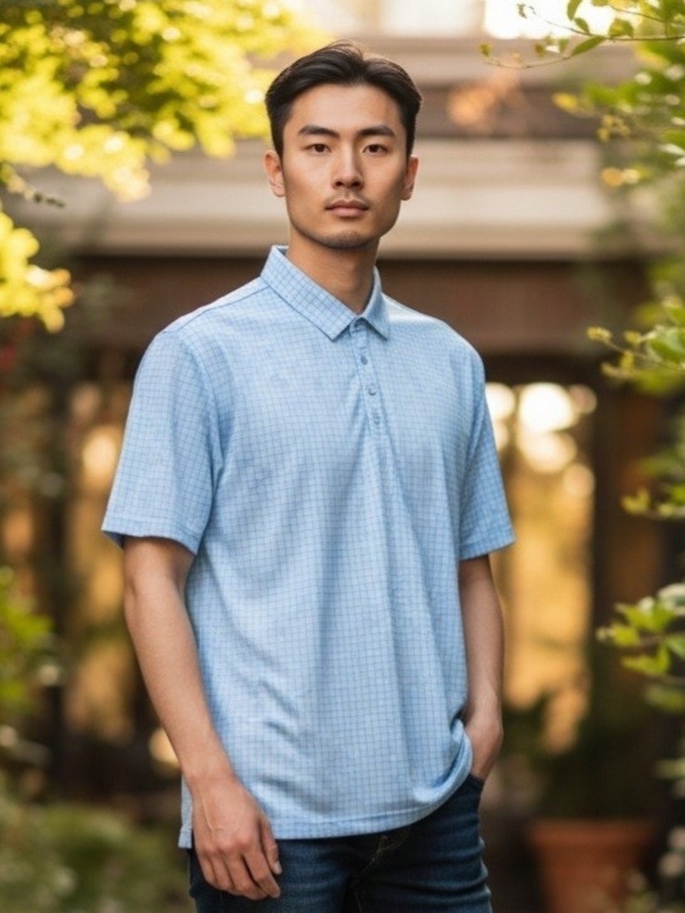 Greg Norman Collection Light Blue Short-Sleeve Polo with Micro-Check